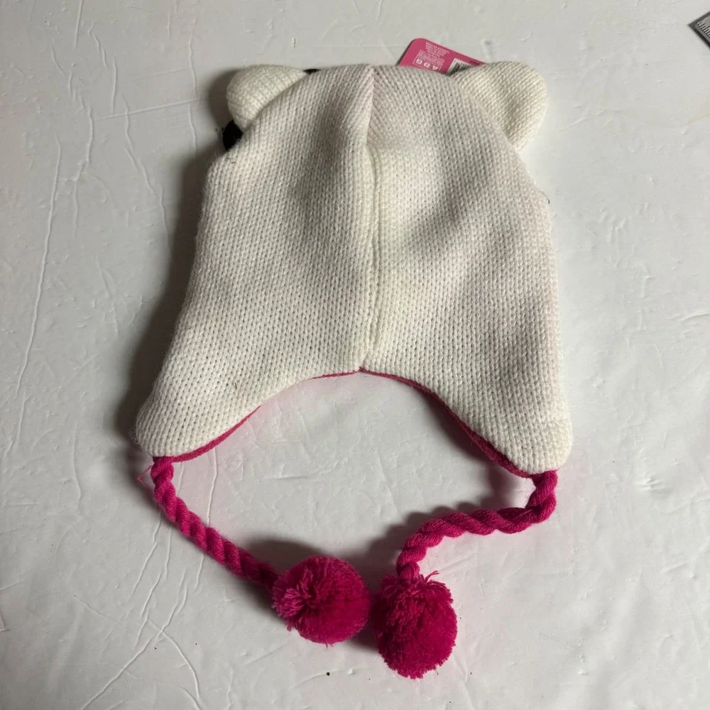 Hello‎ Kitty White Knit Beanie Hat with Pink Fleece Lining and Pom Poms Kids